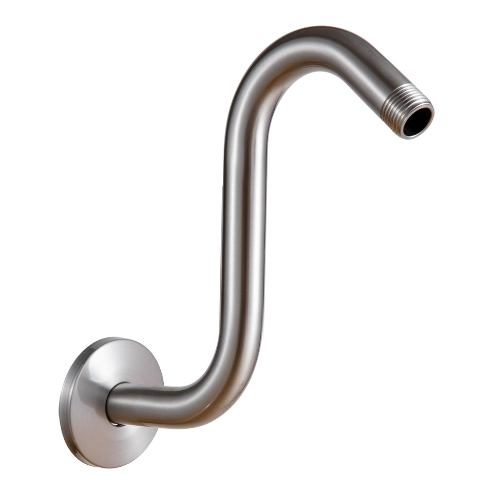 OFFO shower head extension arm in brushed nickel extends height for rainfall feel.