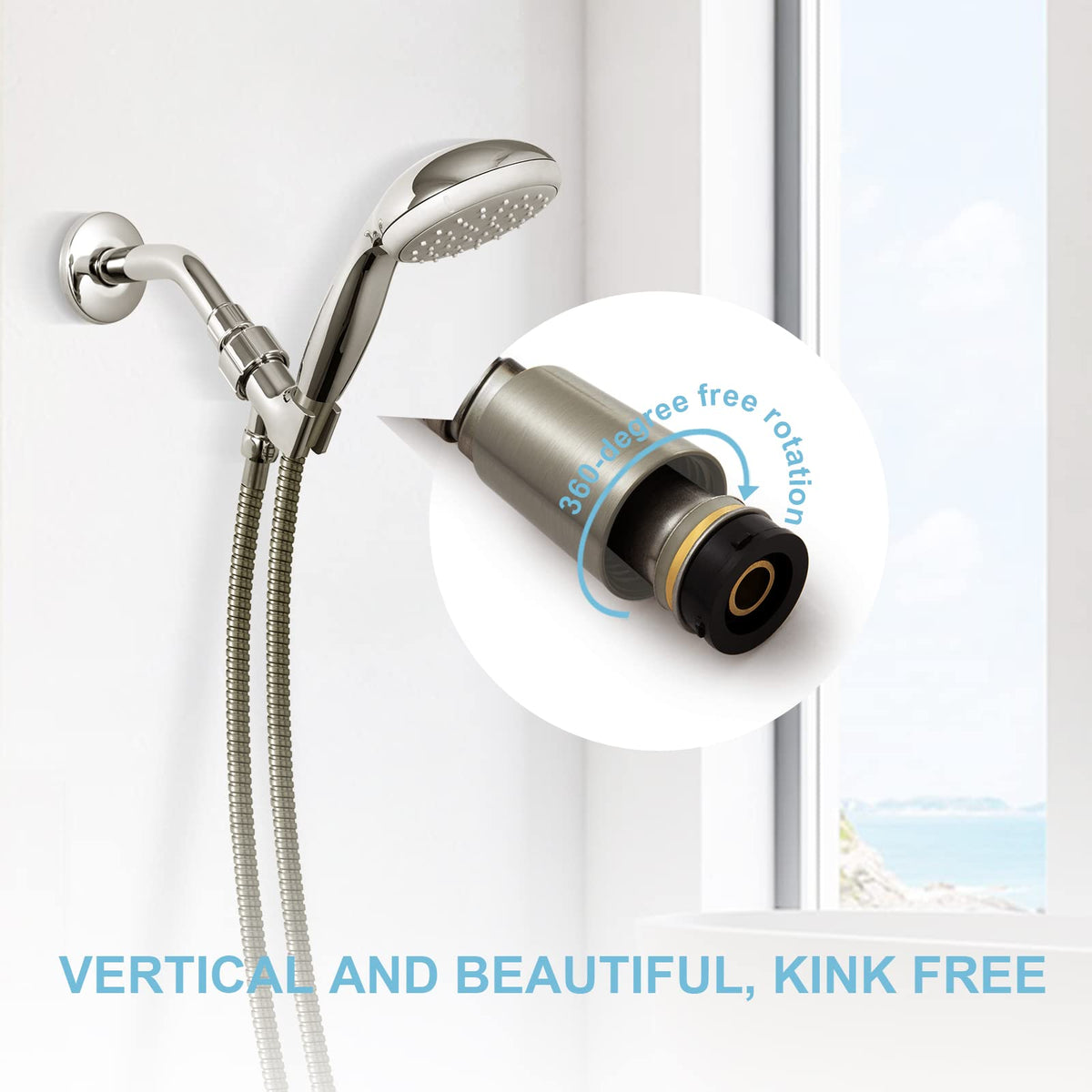 OFFO shower hose 60in anti-tangle connection simplifies setup and prevents twists