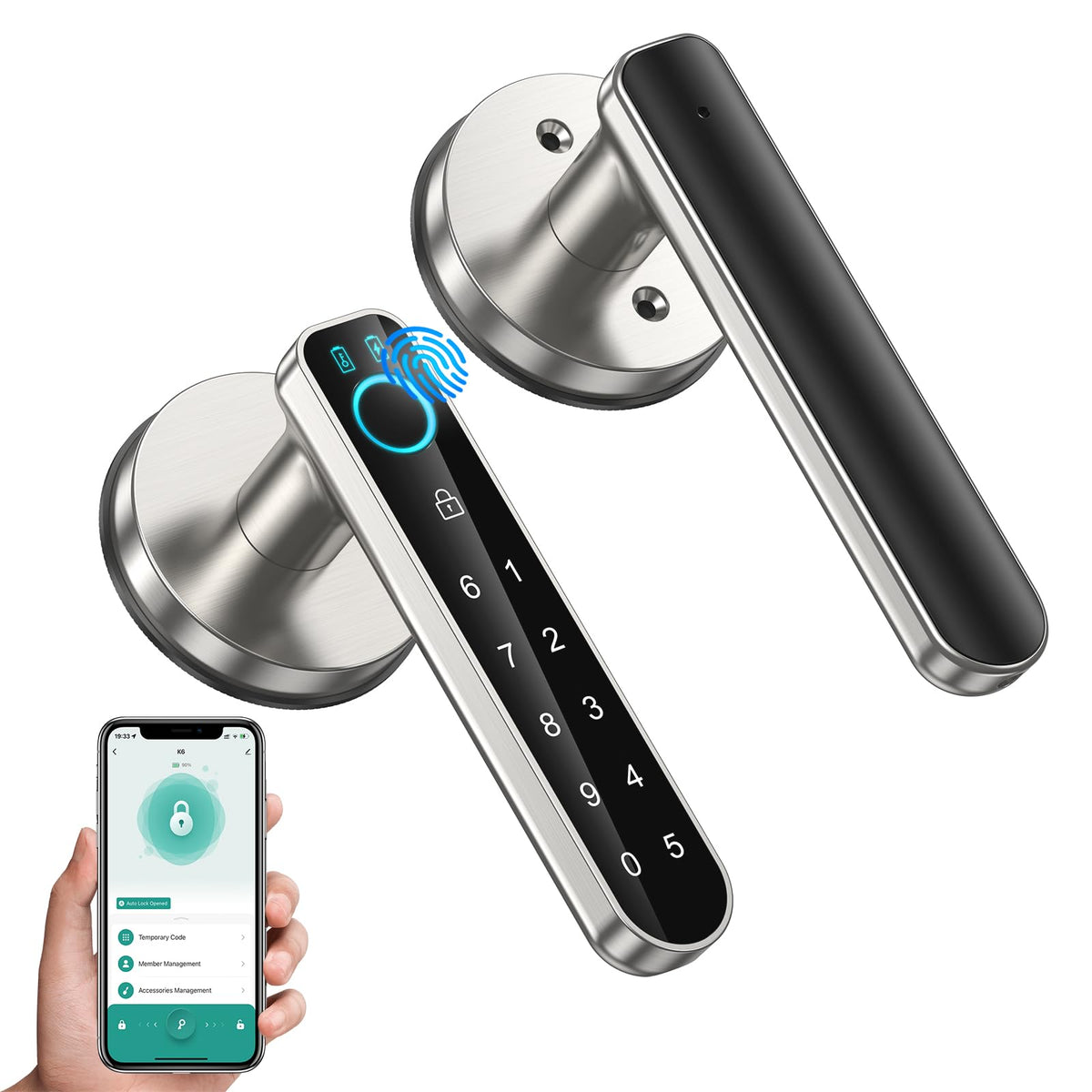 OFFTV fingerprint door lock front view highlights the large sensor for quick access.
