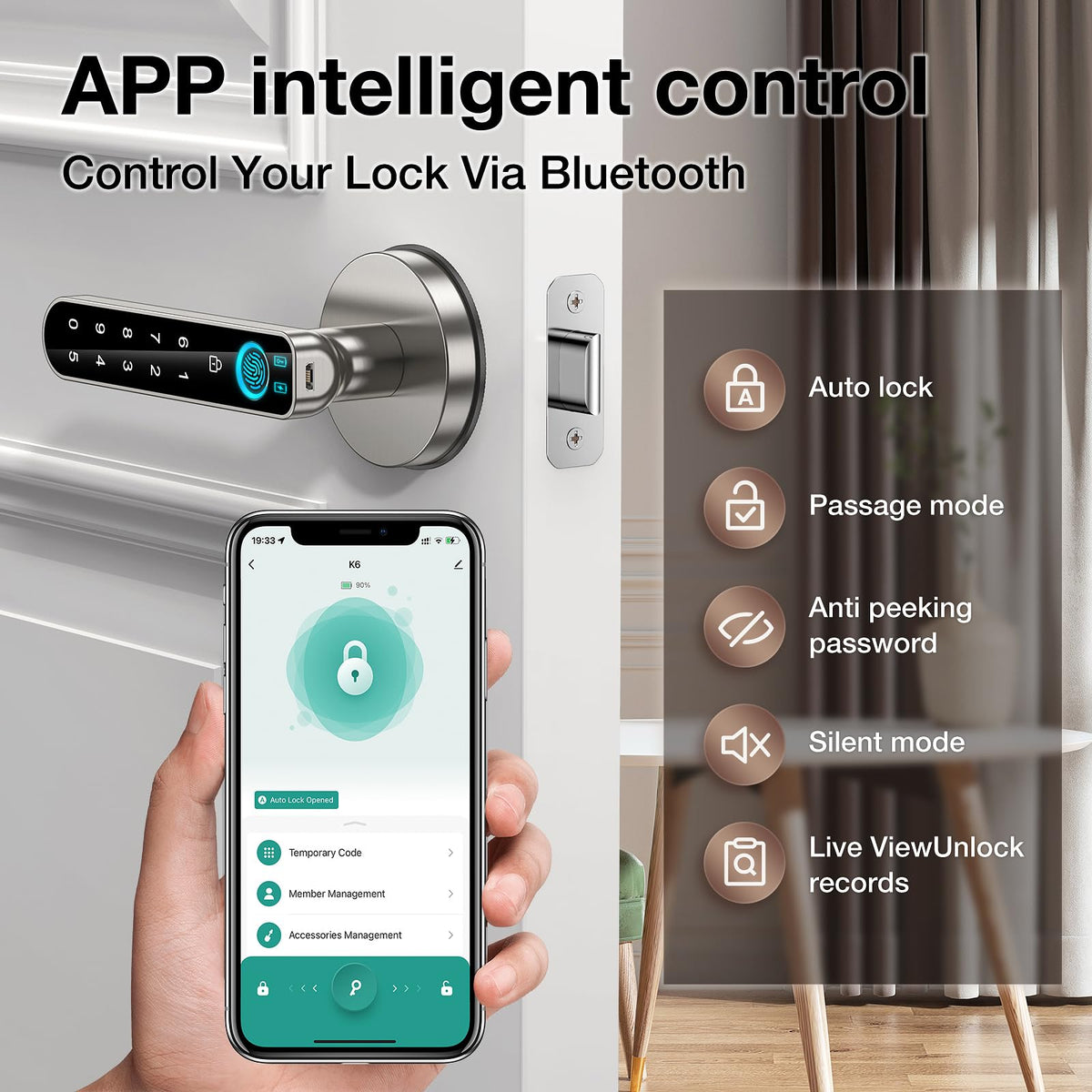 OFFTV fingerprint door lock handle close-up showcases durable design and smooth operation.
