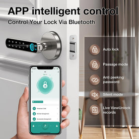 OFFTV fingerprint door lock handle close-up showcases durable design and smooth operation.