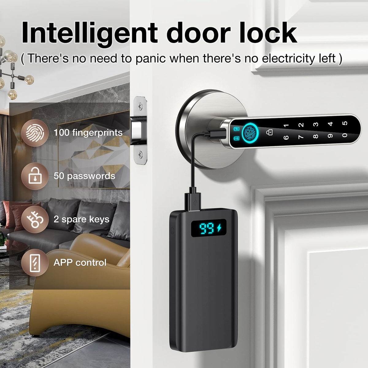 OFFTV fingerprint door lock USB charging feature ensures emergency power when batteries run low.
