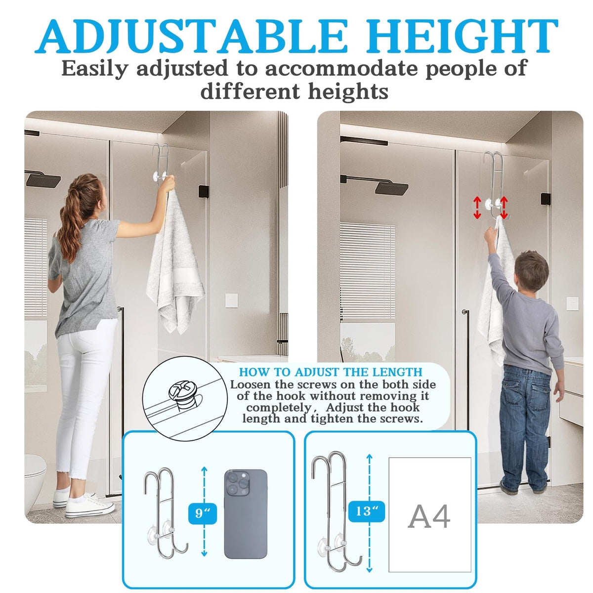 Ofiray-home shower door towel hook length adjustable for perfect height and easy reach.