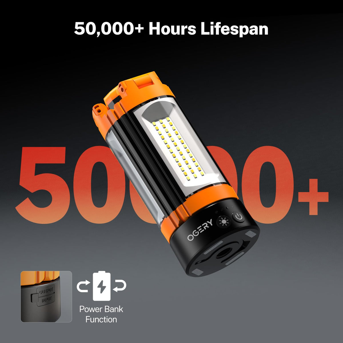 OGERY camping light showing three LED heads rotate for versatile task lighting