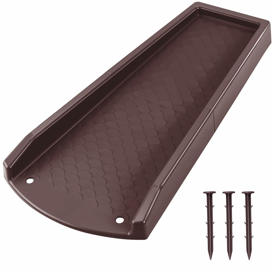 Ogutter splash block guard under downspout for clean drainage and mud-splat prevention.