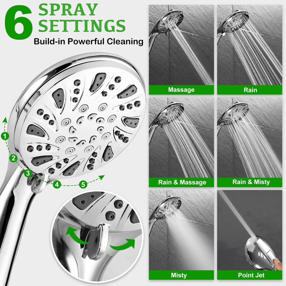 OHDAY handheld shower head nozzle closeup, anti clog design promotes steady water flow.