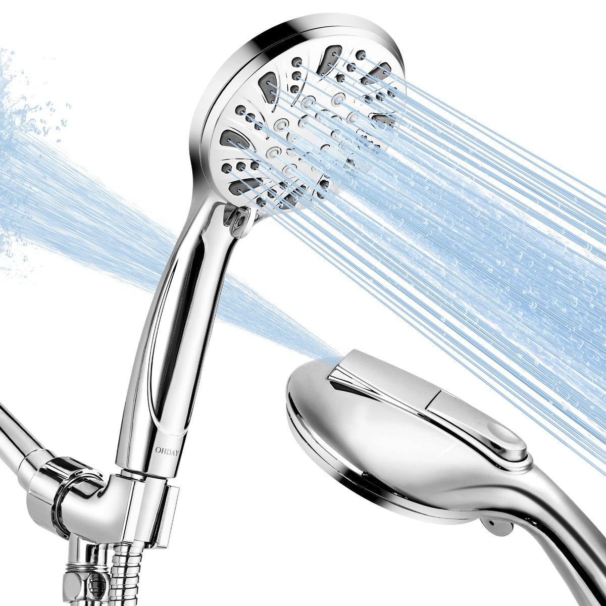 OHDAY high pressure handheld shower head, front view, excellent for powerful rinsing and pet baths.