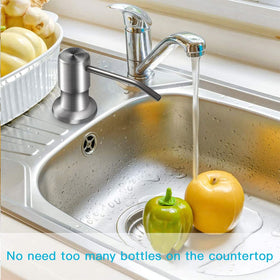 OHiHi bathroom sink setup with sleek brushed nickel dispenser