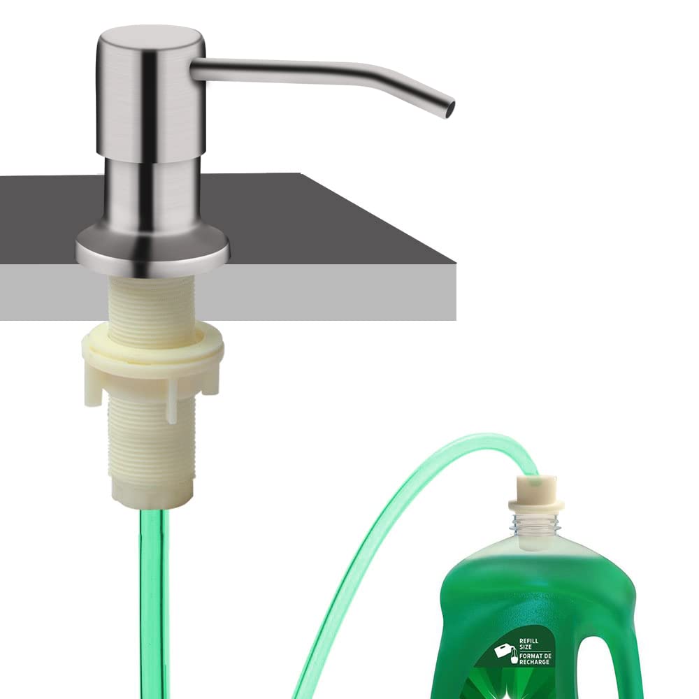 OHiHi brushed-nickel soap dispenser for kitchen sink with corrosion-resistant finish.