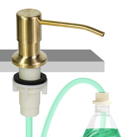OHiHi built-in soap dispenser in golden finish on a kitchen sink, durable and stylish.