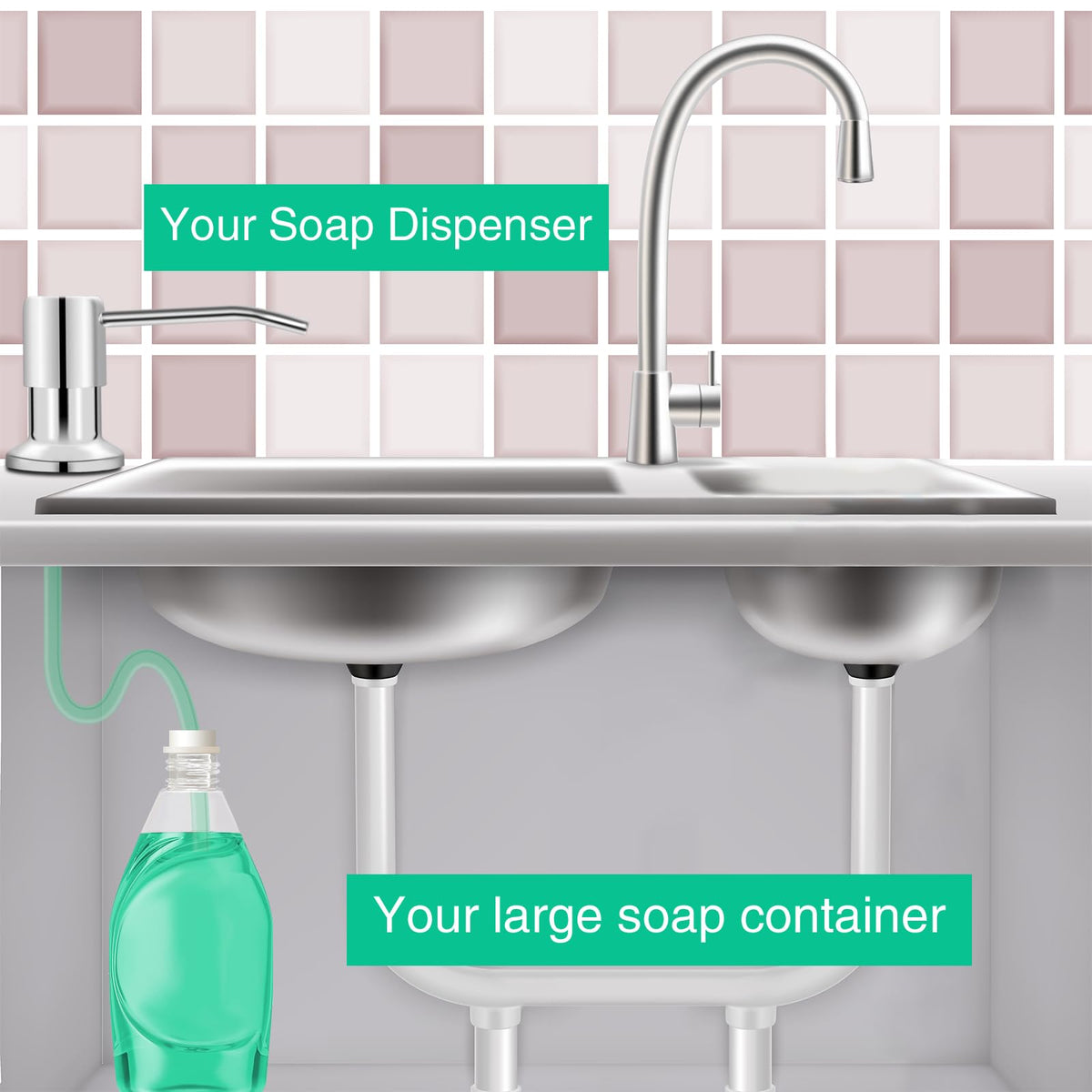 Ohihi soap dispenser chrome 47-inch tube demonstrates direct compatibility with large soap bottles.