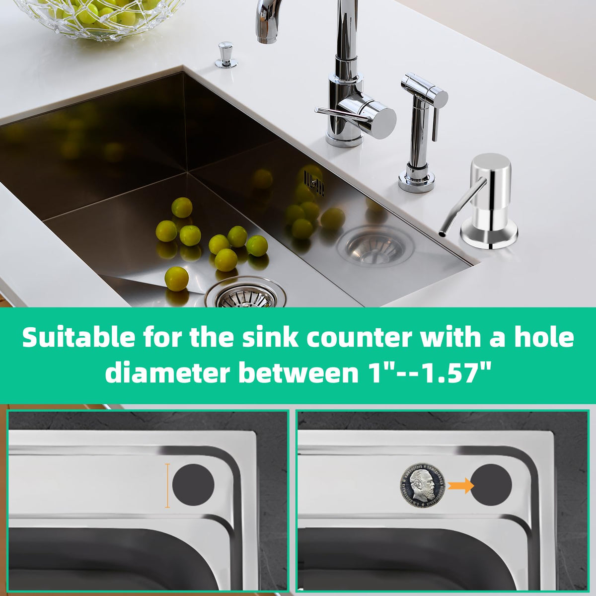 Ohihi soap dispenser chrome installation view emphasizes simple setup without under-sink clutter.