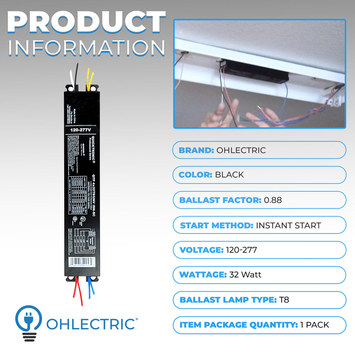 OHLECTRIC ballast installation guide image illustrating easy wiring for DIY or professional setup.