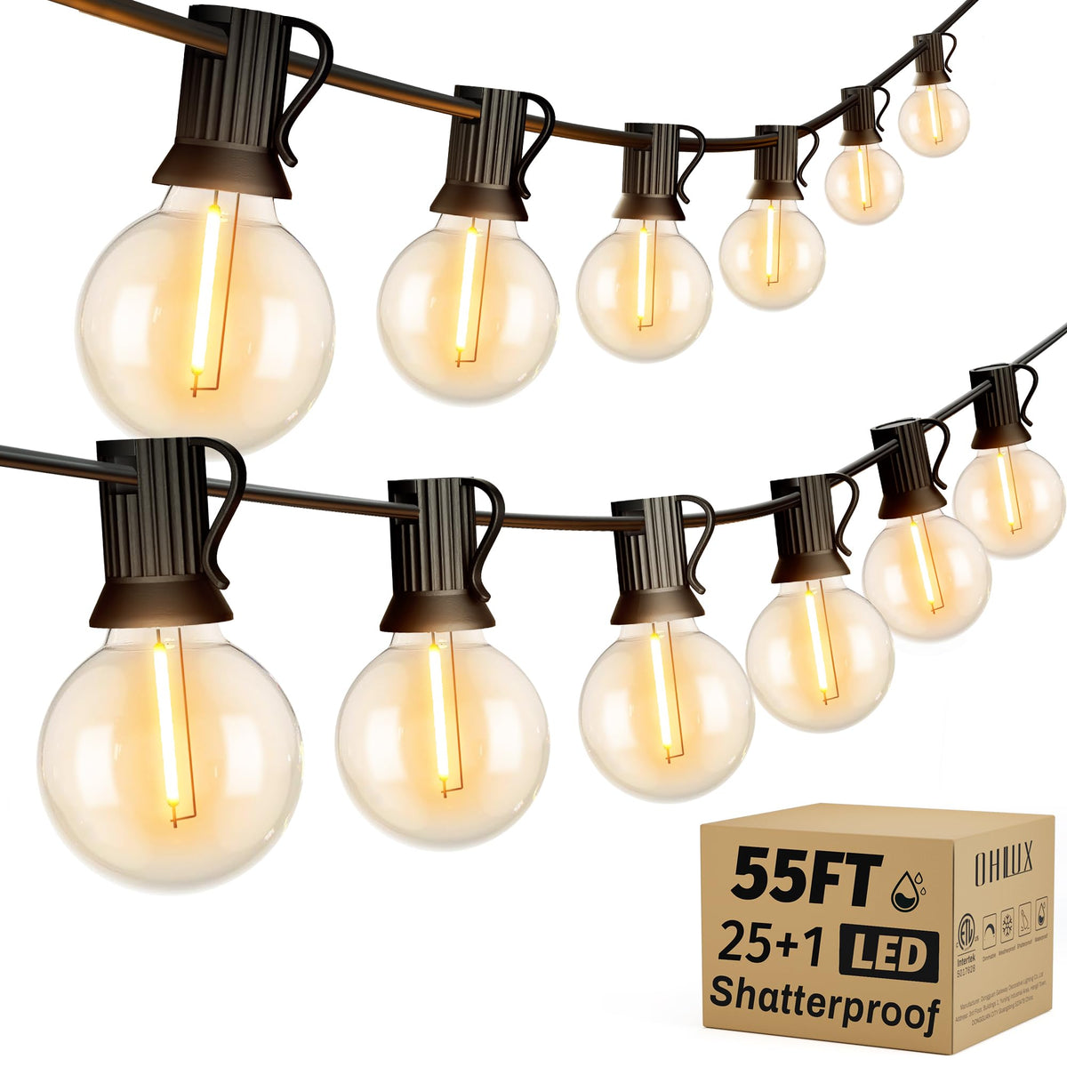 OHLUX outdoor string lights 55ft illuminate patios with a warm 2200K glow