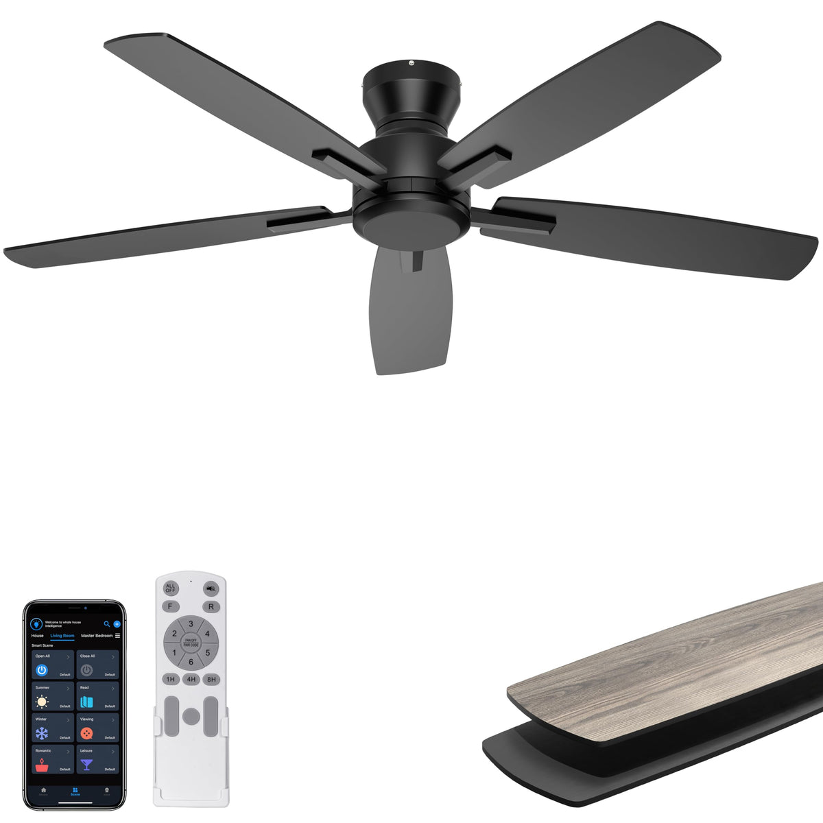 Ohniyou 52-inch low-profile ceiling fan for compact spaces and improved airflow.