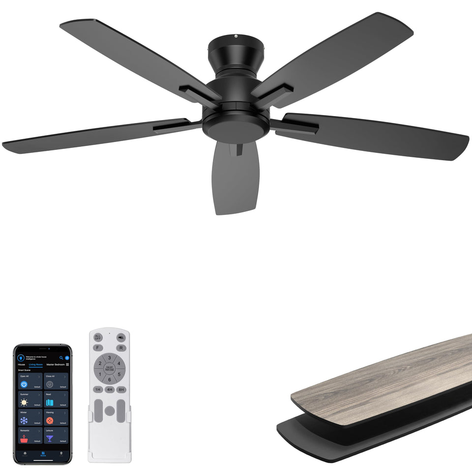 Ohniyou 52-inch low-profile ceiling fan for compact spaces and improved airflow.