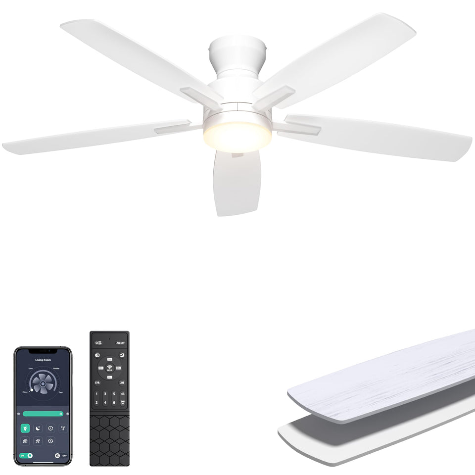 Ohniyou 52-inch ceiling fan with light in bright white for cooling a living space