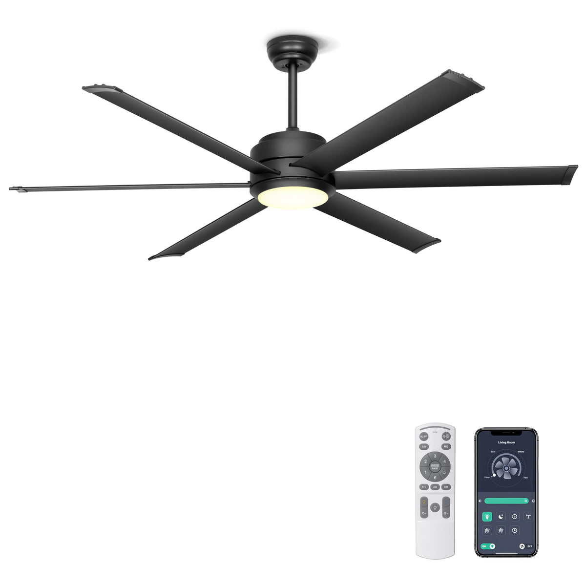 Ohniyou 60inch industrial ceiling fan with light, front view in black, elevates outdoor patio ambiance.
