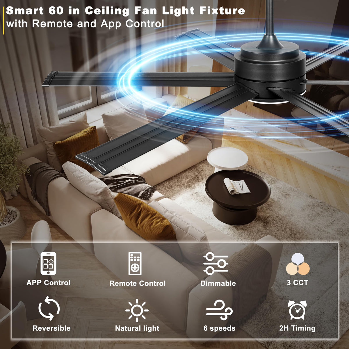 Ohniyou app control enables convenient fan and light settings from anywhere.