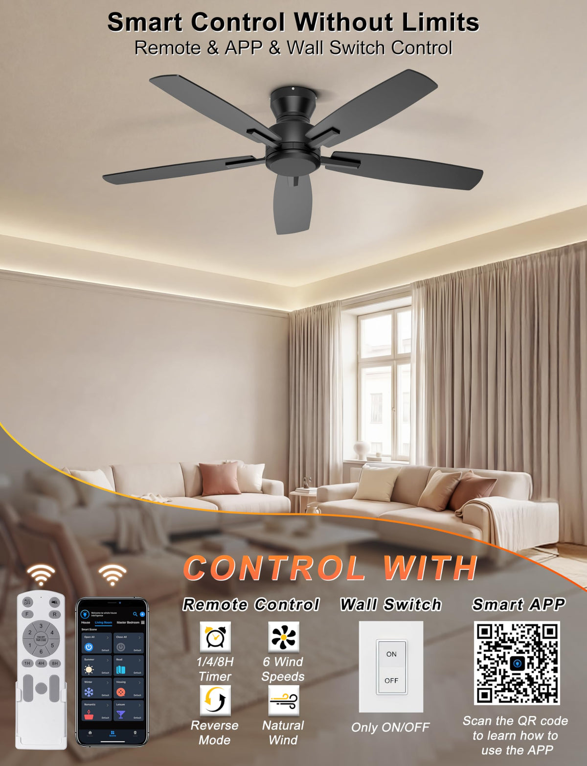 Ohniyou app-controlled ceiling fan for convenient setup from bed.