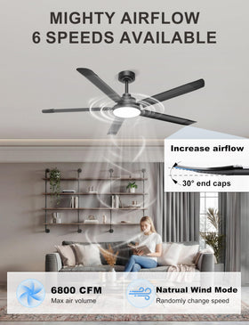 Ohniyou black ceiling fan body adds industrial style to spaces.