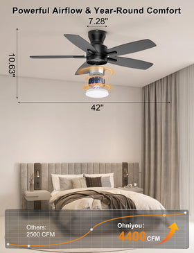 Ohniyou black flush-mount ceiling fan blends modern style with quiet performance.