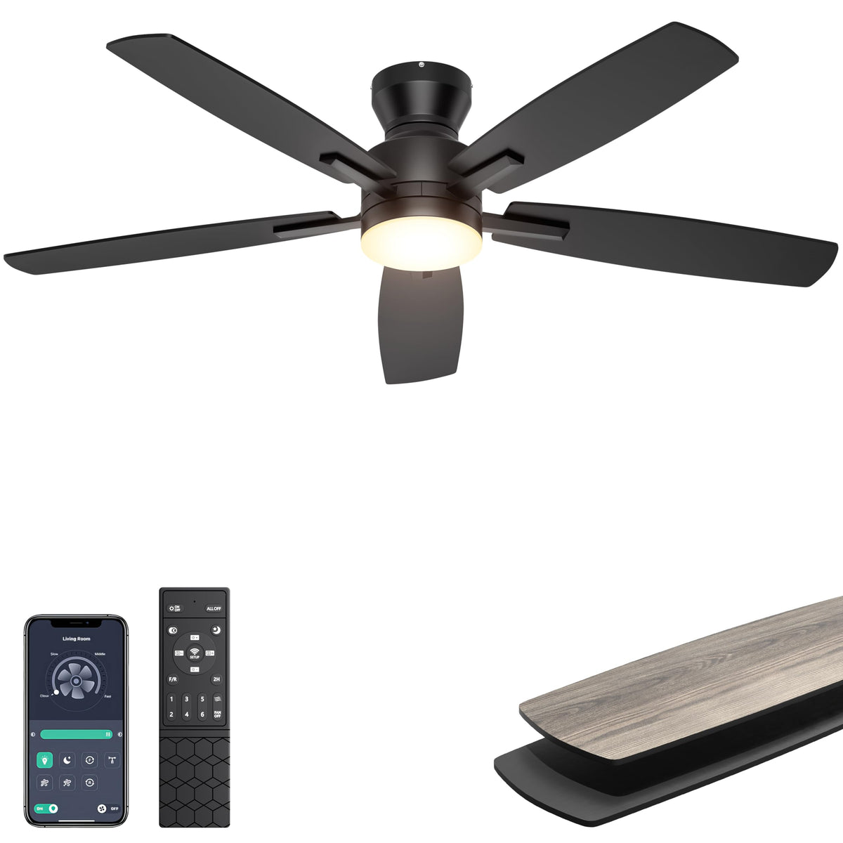 Ohniyou 52'' ceiling fan with lights, black, front view for modern living rooms.