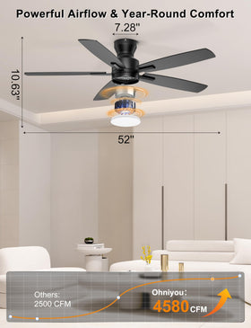 Ohniyou 52'' ceiling fan with lights, black, side view for sleek decor.