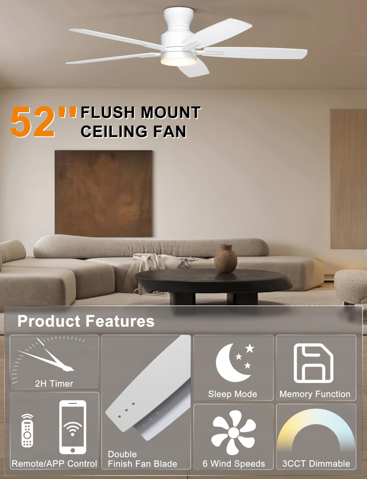 Ohniyou ceiling fan with light showing remote and app control for easy adjustments