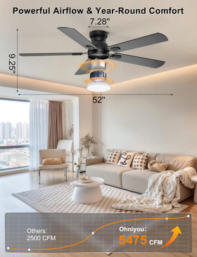Ohniyou low-profile black ceiling fan showcasing compact design for modern bedrooms.