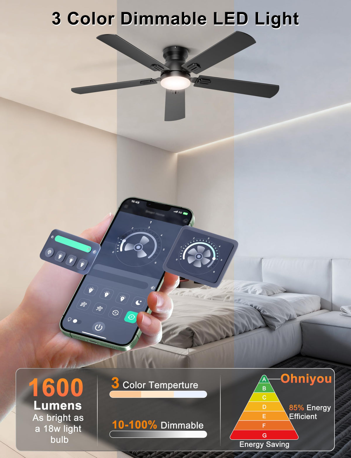 Ohniyou quiet DC motor delivers strong airflow with near-silent operation.