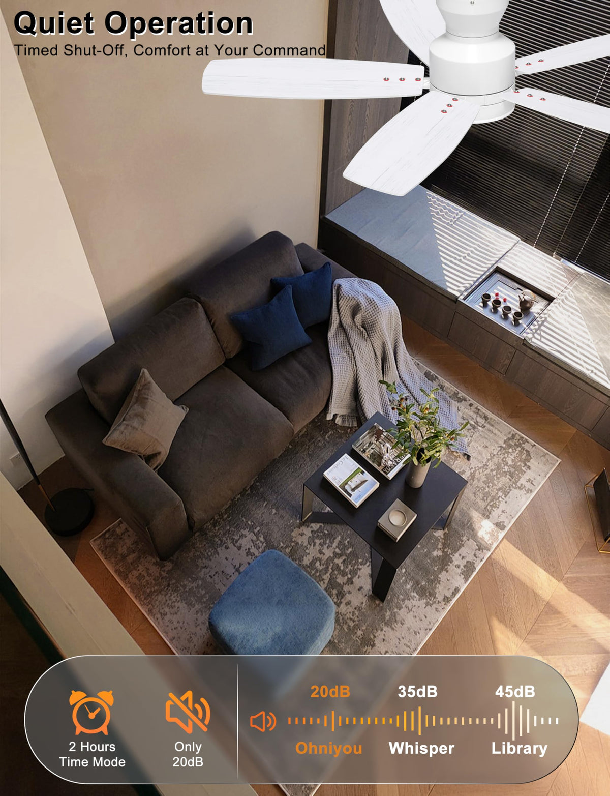 Ohniyou ultra-quiet DC motor for near-silent operation in rooms.