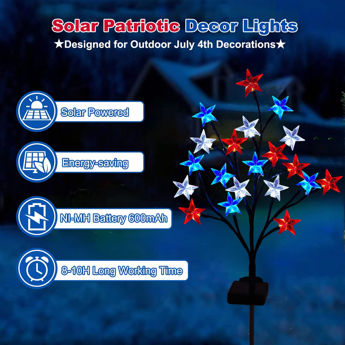Ohwewant solar star pathway light highlighting a walkway in blue red and white.