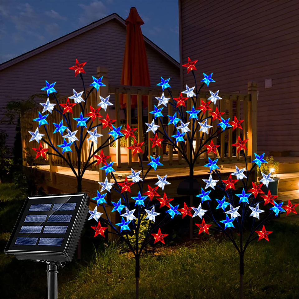 Ohwewant solar patriotic star stakes, front view, vivid red white and blue glow for outdoor display.
