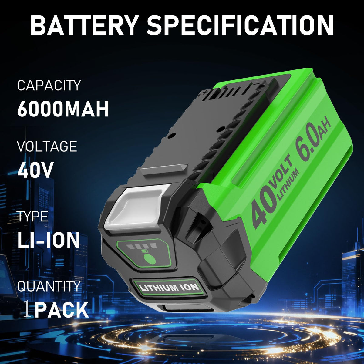 OHYES BAT 40V 6000mAh LED indicators show charge level for quick checks