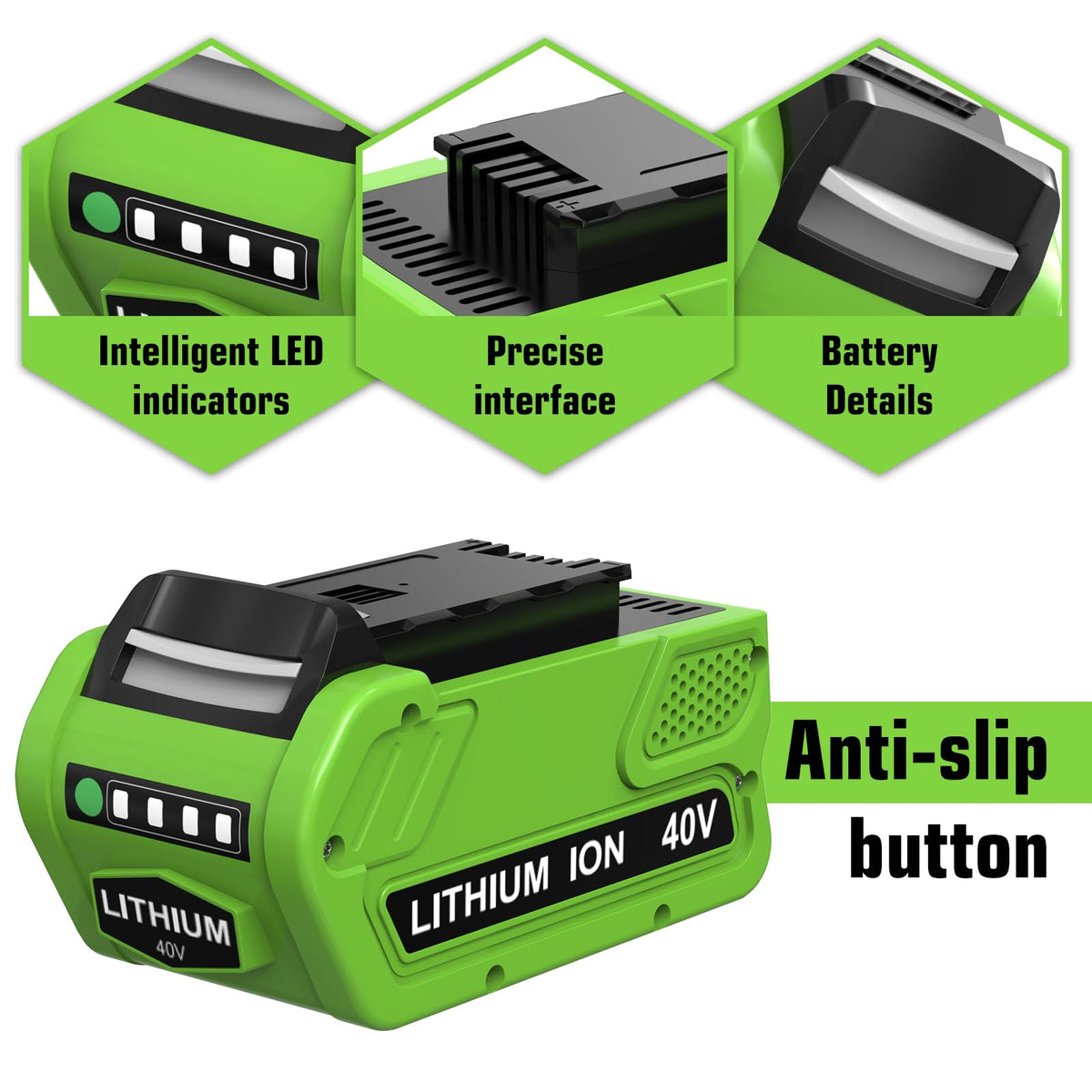 OHYES BAT 40V battery with four LED indicators showing charge level at a glance.