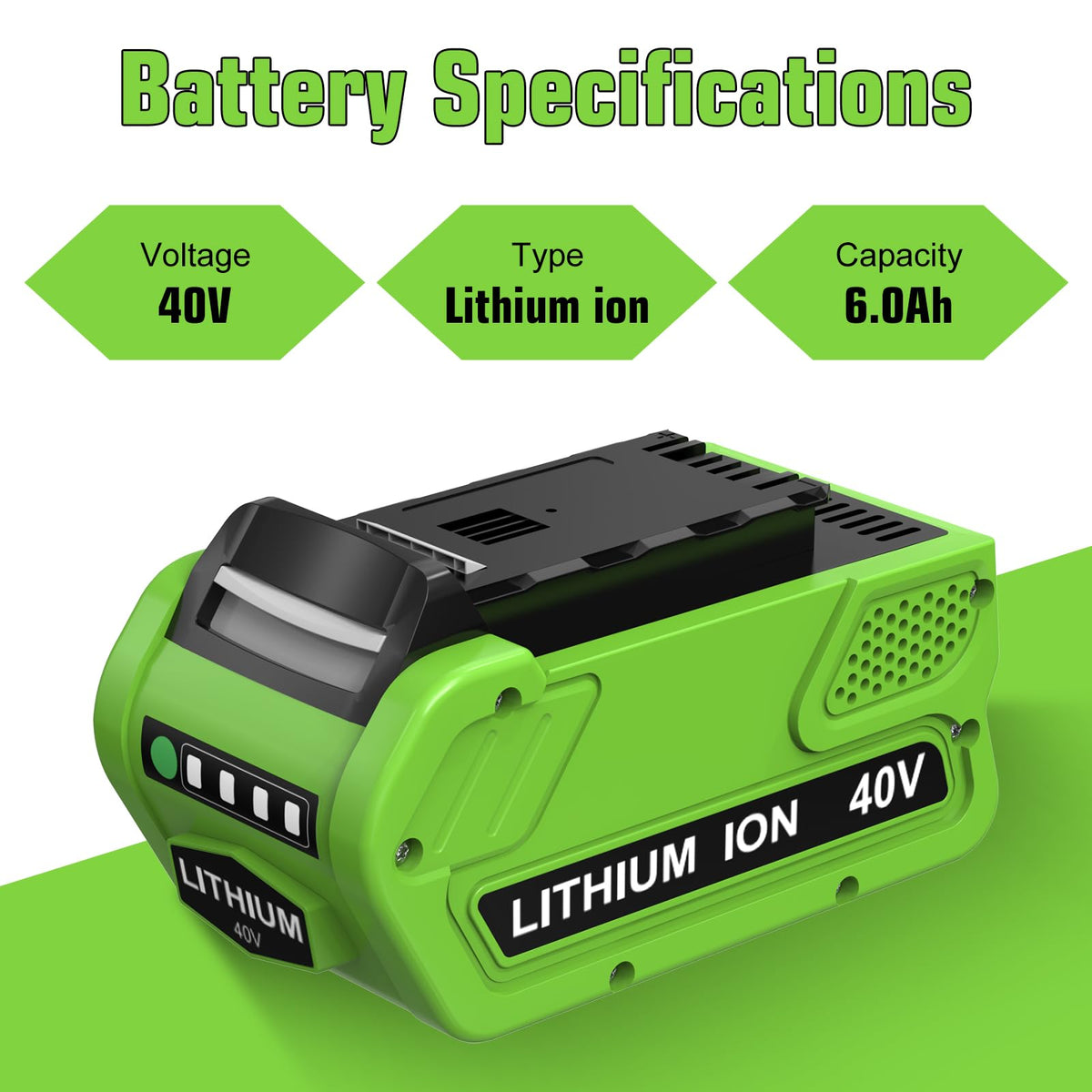 OHYES BAT 40V battery side view highlighting slim profile for easy tool fit.
