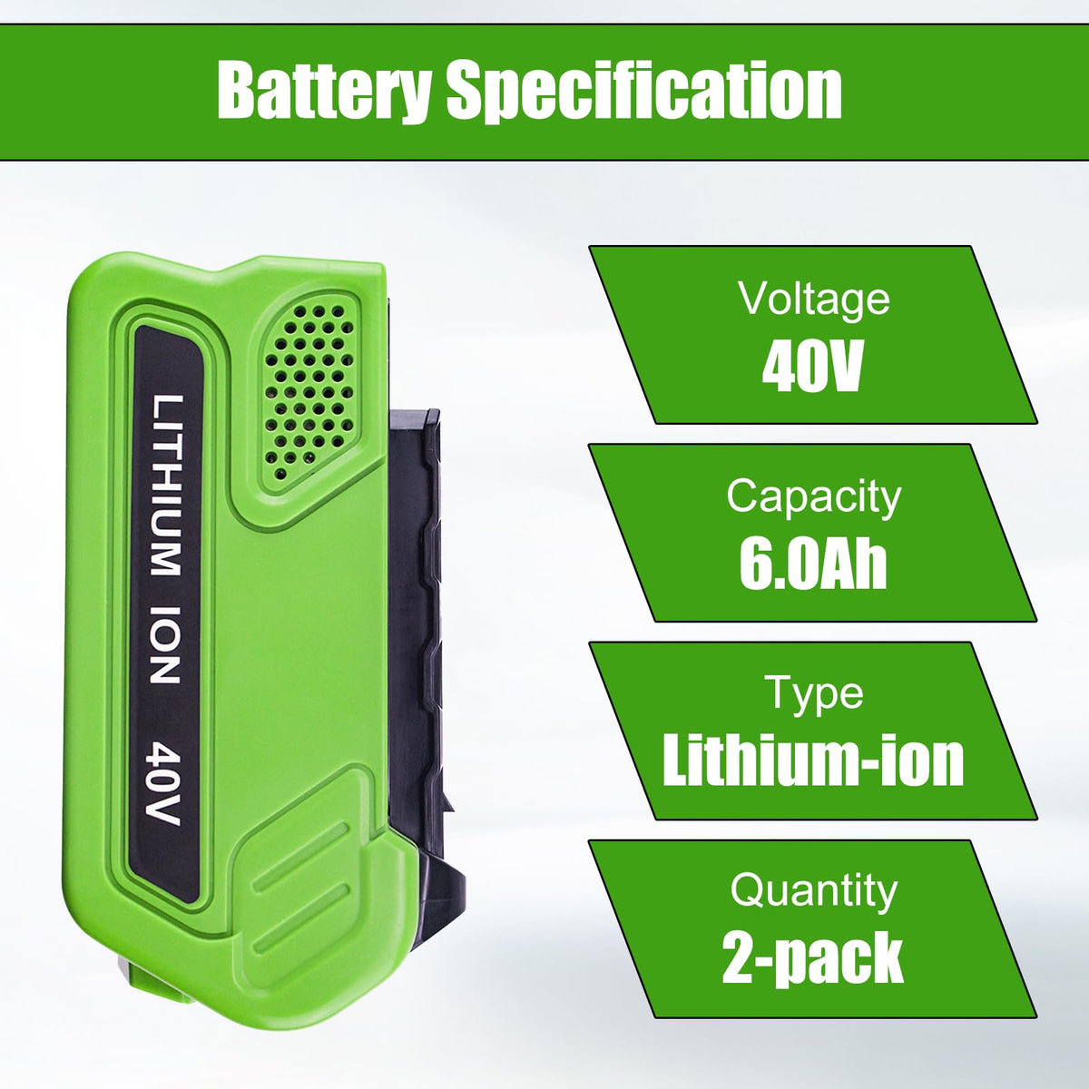 OHYES BAT Greenworks 40V battery side profile for compact storage.