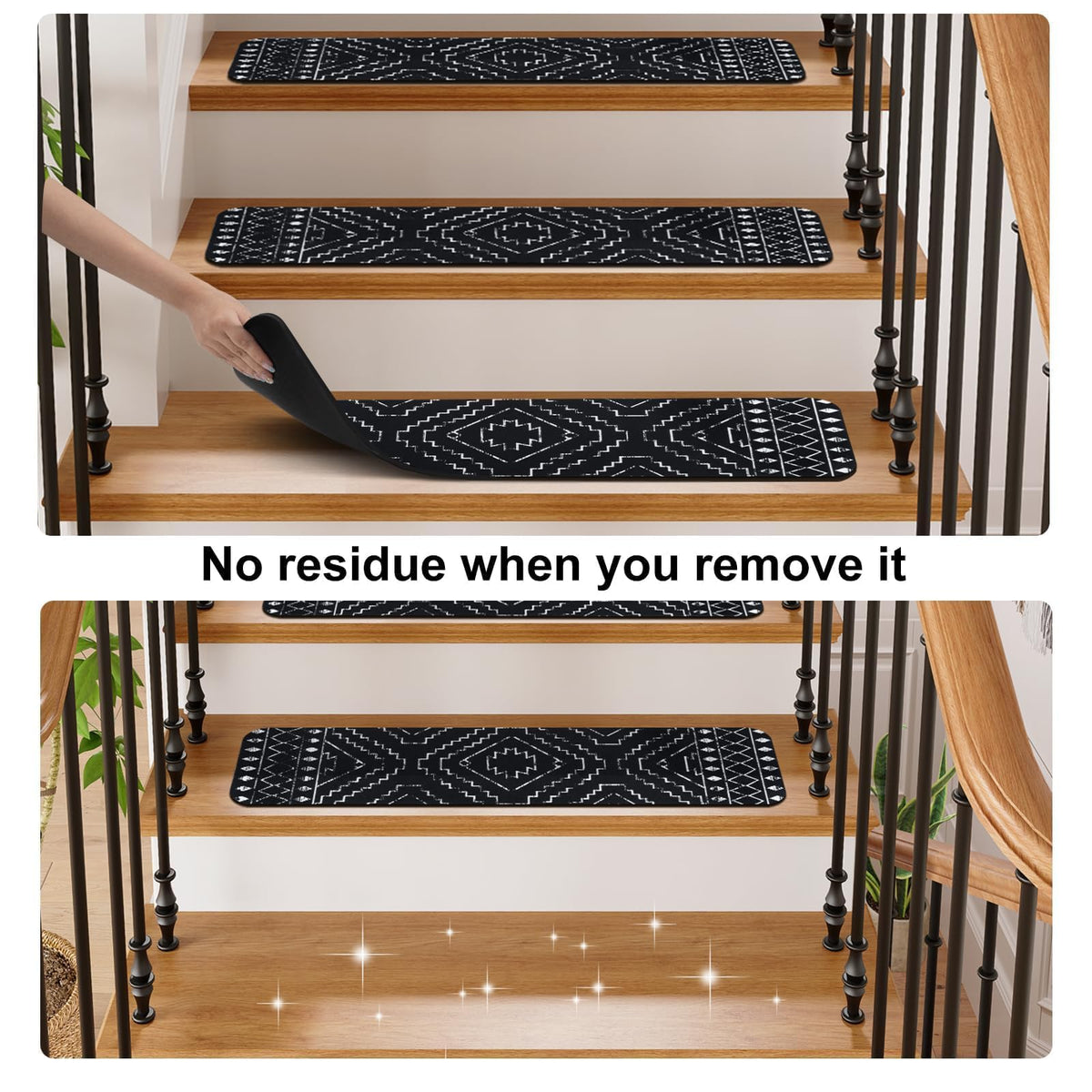 OJIA Boho stair treads shown on wood stairs reduce slips on smooth surfaces.