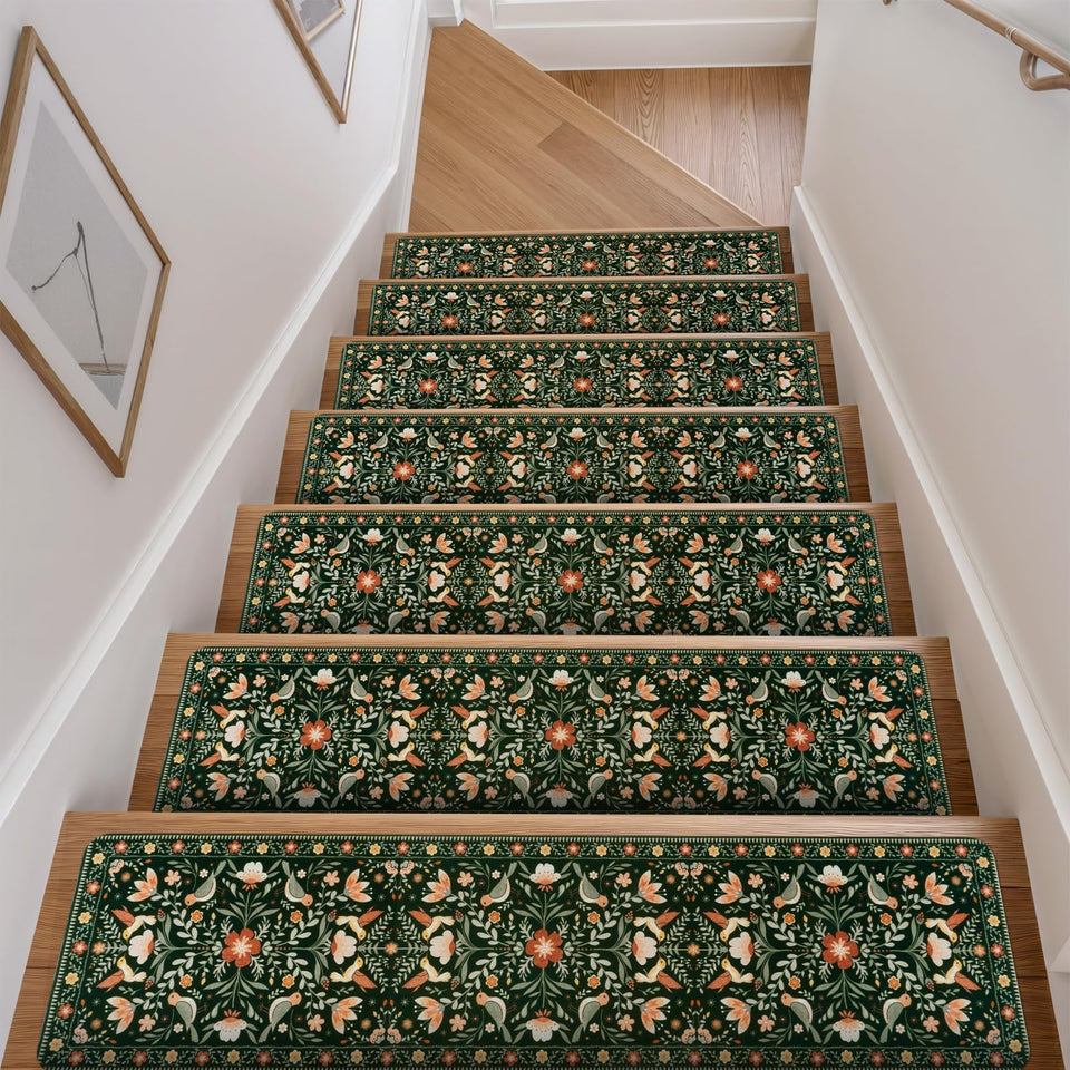 OJIA Floral Stair Treads – 30x8 pack on wood stairs for safer steps