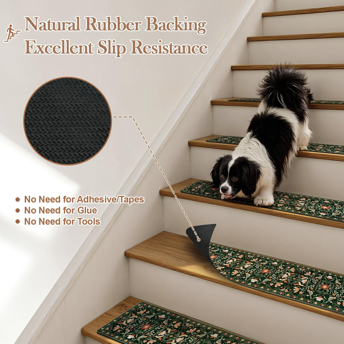 OJIA Floral Stair Treads with non-slip backing for steady footing