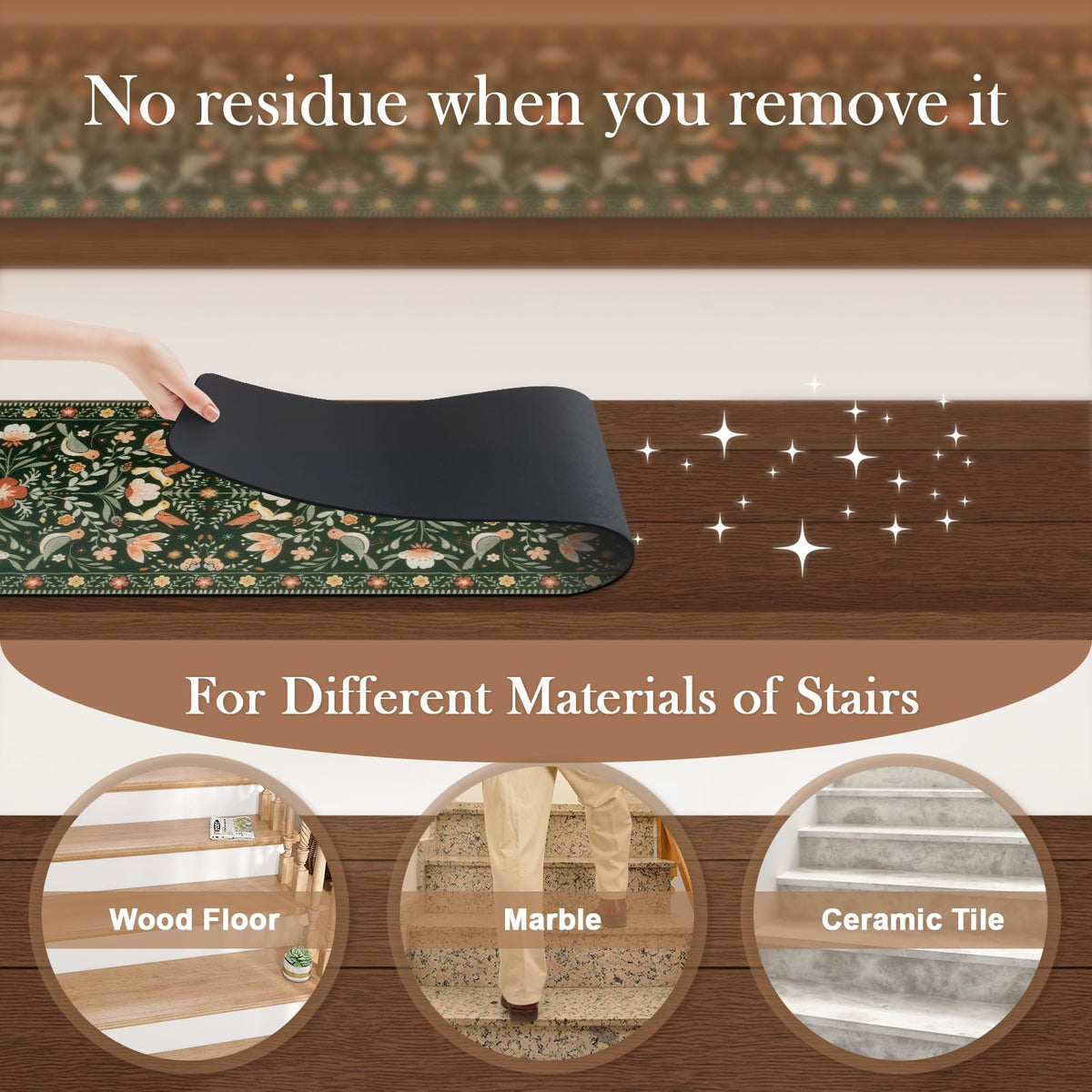 OJIA Floral Stair Treads shown on wooden stairs with cushioned feel