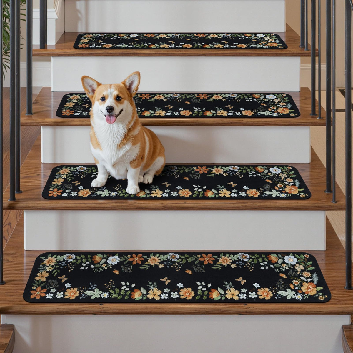 OJIA black floral stair treads protect wood floors.