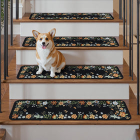 OJIA black floral stair treads protect wood floors.