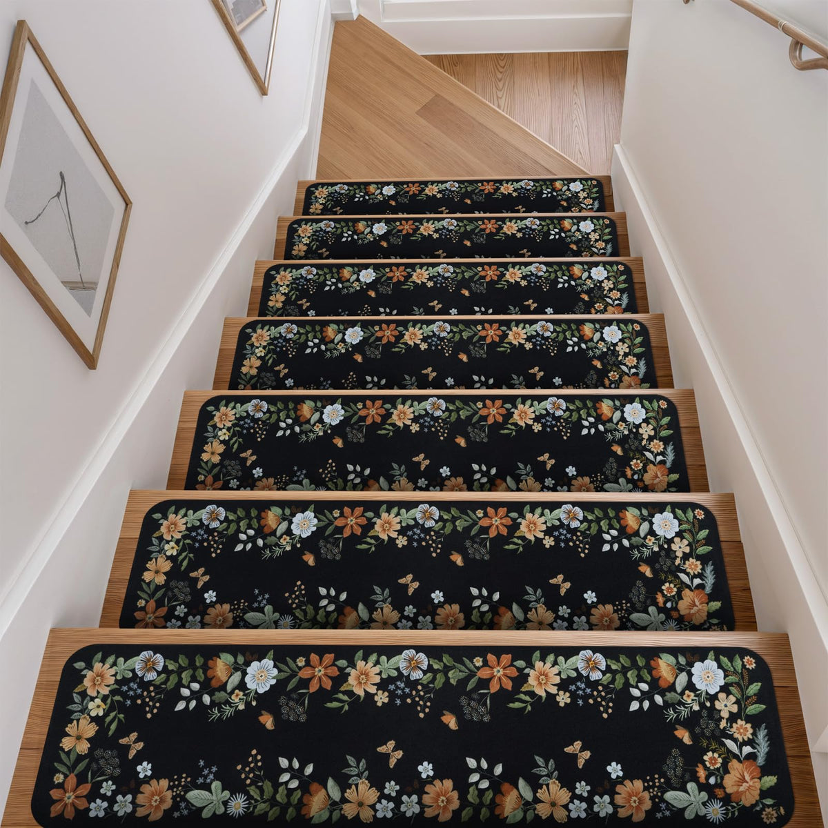 OJIA floral stair treads on wooden stairs provide safe grip and style.