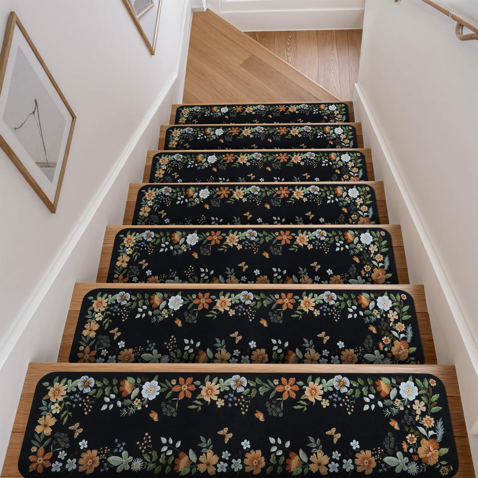 OJIA floral stair treads on wooden stairs provide safe grip and style.