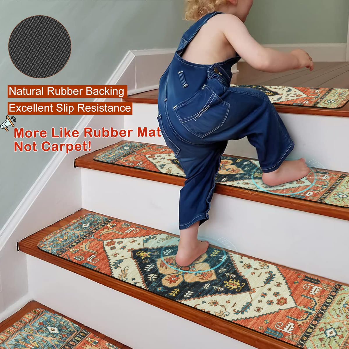 OJIA rubber-backed stair mats provide secure footing on indoor stairs