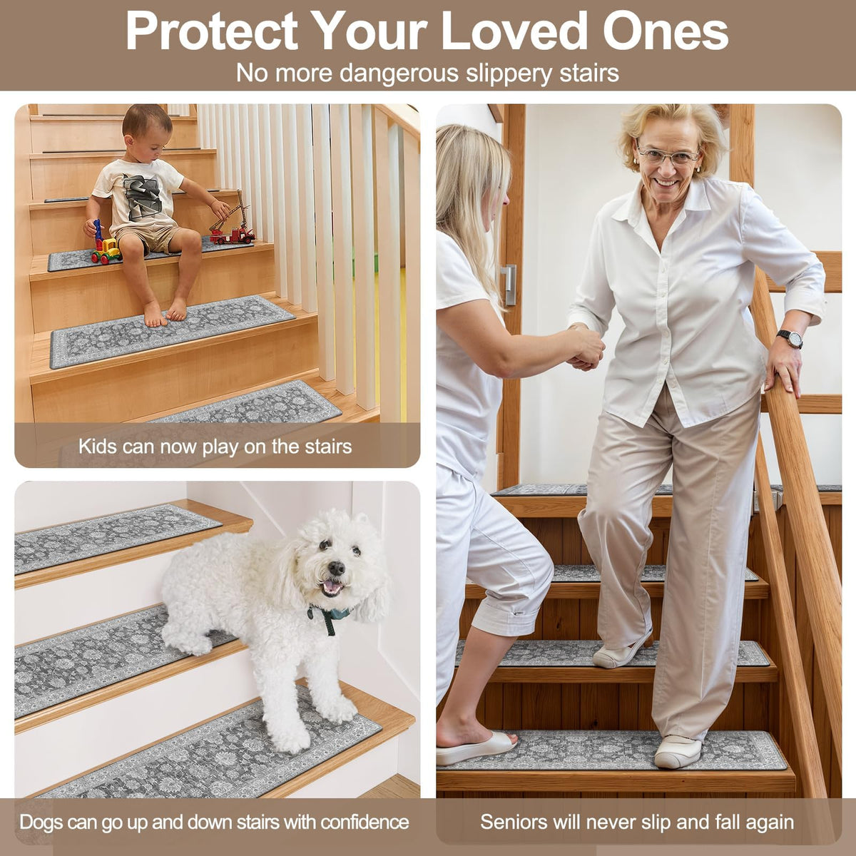 OJIA stair mat installed on wood stairs without adhesive.