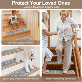 OJIA stair mat installed on wood stairs without adhesive.