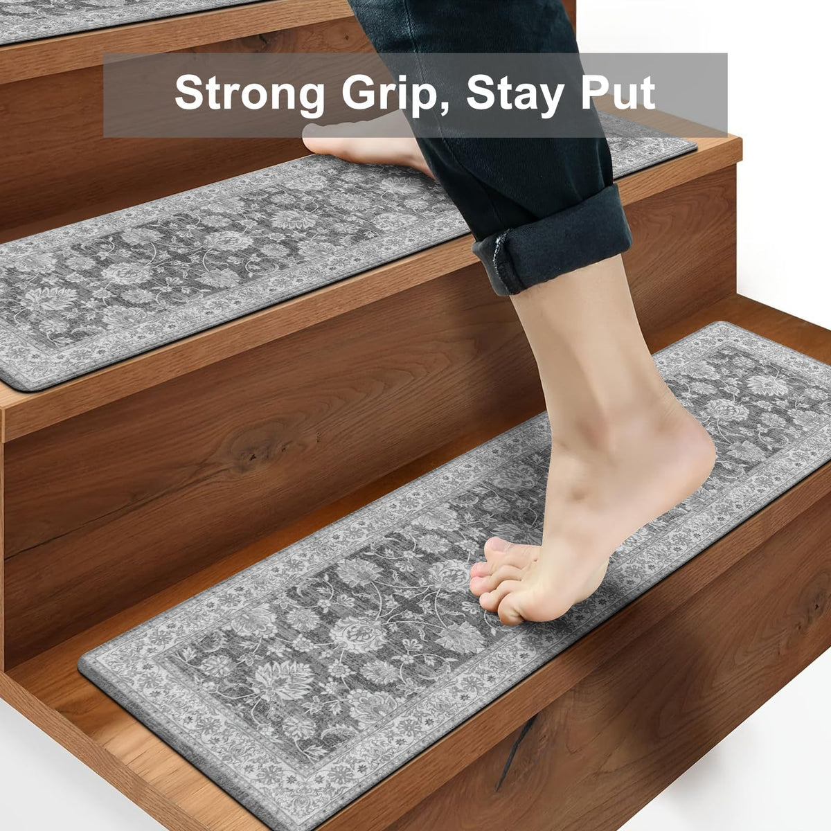 OJIA gray stair treads on marble surface with sleek fit.